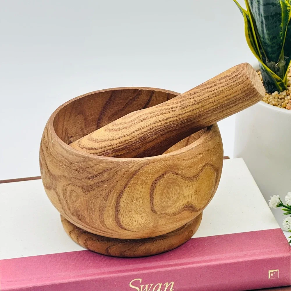 Vintage Wood Mortar and Pestle Set Rustic Farmhouse Decor Warm Brown Tone